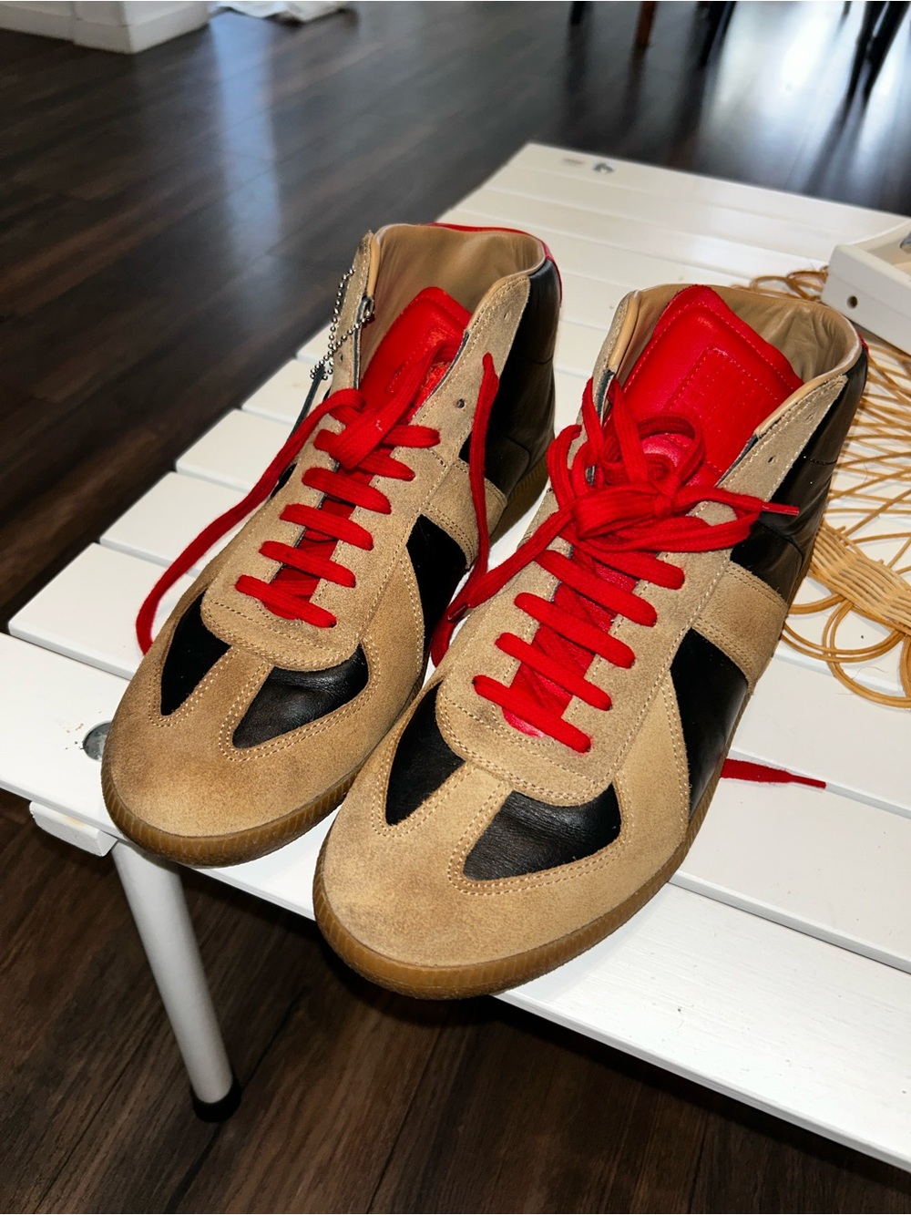Maison Margiela Beige and Black High-Top Sneakers with Red Laces